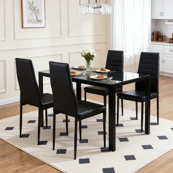 SEGMART Kitchen Dining Table Set for 4, Home Kitchen Table with Tempered Glass and 4 PU Leather Chairs, Metal Frame Pub Table Set, Dinette Set for Family Gathering & Dining - Easy to Assemble