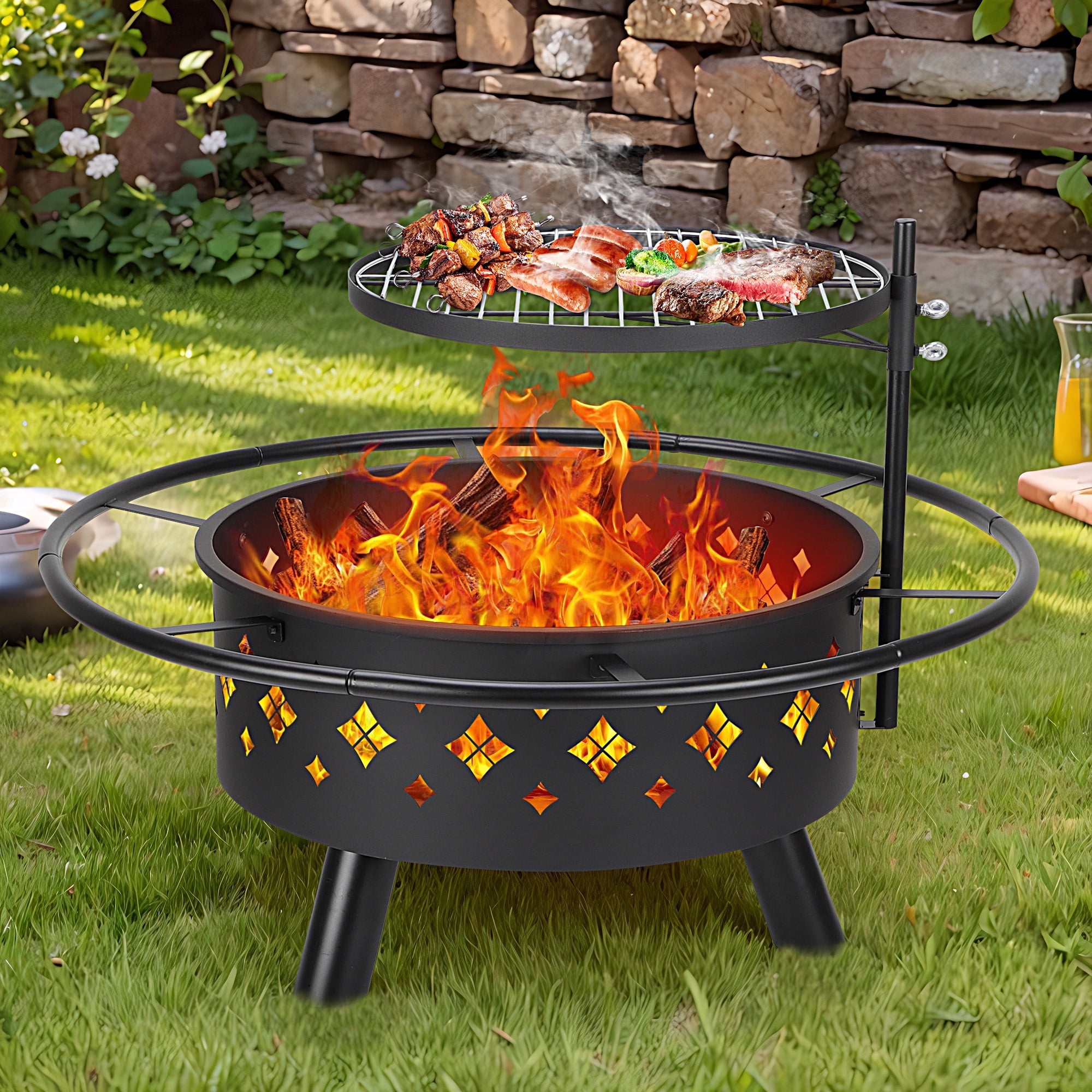 31 Wood Burning Fire Pit Outdoor Round Metal Fire Pit Backyard Patio Garden Wood Burning Heater BBQ with Adjustable Height Cooking Grill Grate