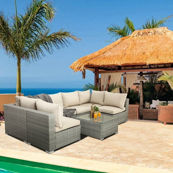 SEGMART Outdoor Conversation Seats Set with Removable Cushions, 7PCS Patio Bistro Seats Set with Glass Coffee Table, All-Weather PE Wicker Sofa w/2 Corner Chairs, 4 Single sofas, Black & Blue, S2380