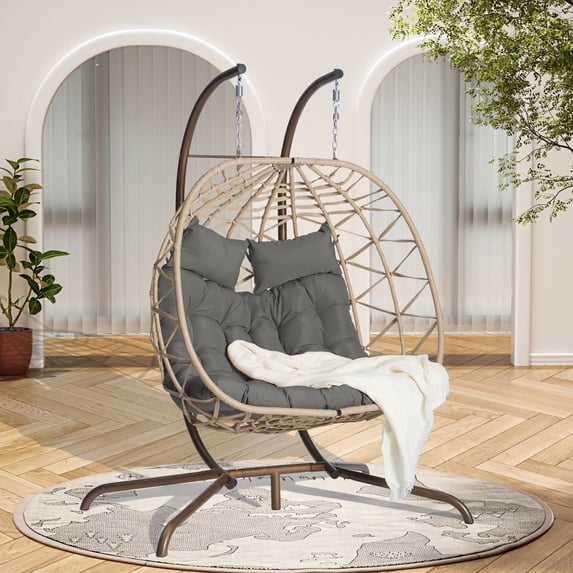 Double Egg Chair with Stand, Indoor Outdoor Hanging Wicker Rattan Patio Basket Swing Chair, Handwoven UV & Rust Resistant Iron Frame with Water Resistant Cushion,600 lbs Capacity