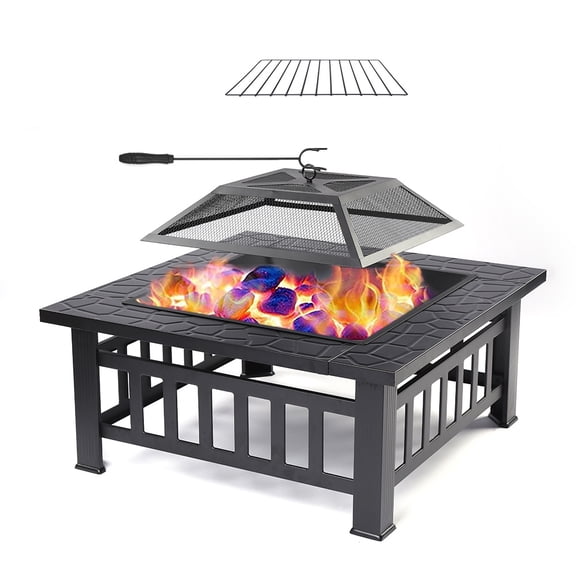 SEGMART Outdoor Fire Pit, 32" Square Metal Fire Pit Table with Spark Screen & Log Poker, Stove Wood Burning Fire Pit Bowl, Ideal for Yard Patio Beach Picnic Bonfire, K2722