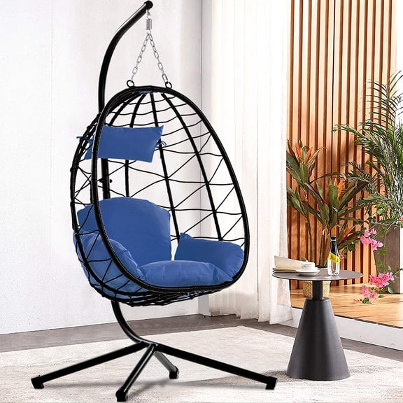 SEGMART Outdoor Hanging Egg Chair with Stand, Wicker Hanging Swing Chair with Steel Frame and UV Resistant Cushion, Hammock Basket Egg Chair, 300lbs Capacity for Indoor Outdoor Yard Balcony Patio