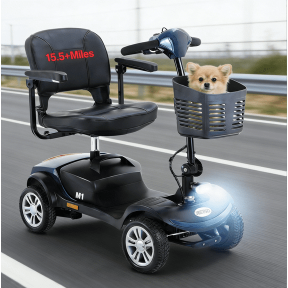 Segmart Portable Mobility Scooter for Senior ,Foldable 4 Wheel Travel Scooter with 360° Swivel Seat, Front & Rear LED Light,9'' Flat-Free Tires , 300lbs Capacity,Blue