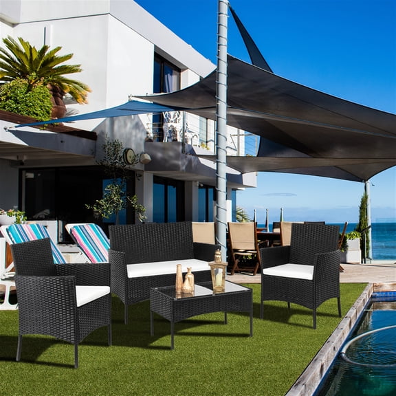 SEGMART Outdoor Patio Chair Set, 4 PCS All-weather PE Rattan Furniture Set, Wicker Conversation Set, Leisure Modern Bistro Set with Cushions & Table, Patio Deck Backyard Garden Poolside Sofa Set