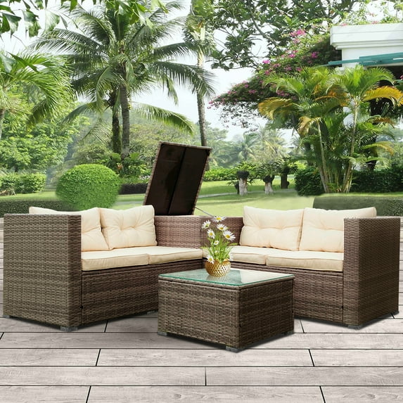 SEGMART Outdoor Patio Conversation Set, 4 PCS All-Weather Rattan Sectional Cushioned Sofa with Table & Storage Box, Manual-Woven Wicker Couch Chair Set, Outdoor Patio Deck Garden Bistro Set, B891