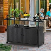 SEGMART Outdoor Rolling Wicker Bar Cart, Large Portable Outdoor Wicker Bar Table with Cabinet Storage and Glass Countertop, Patio Wicker Serving Bar Cart for Pool, Party, Backyard, Black