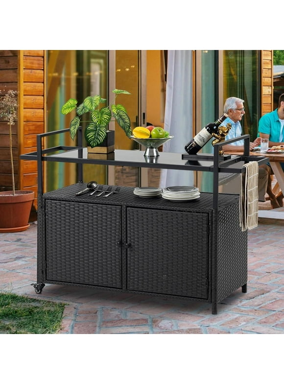 SEGMART Outdoor Rolling Wicker Bar Cart, Large Portable Outdoor Wicker Bar Table with Cabinet Storage and Glass Countertop, Patio Wicker Serving Bar Cart for Pool, Party, Backyard, Black