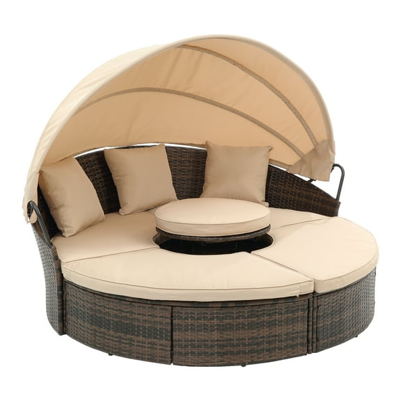 SEGMART Outdoor Sectional Patio Sofa Set with Removable Cushions, 5 Piece Round Wicker Rattan Daybed with Retractable Canopy, Outdoor Sunbed Sofa with Height Adjustable Table/Footrest, Beige, S1760
