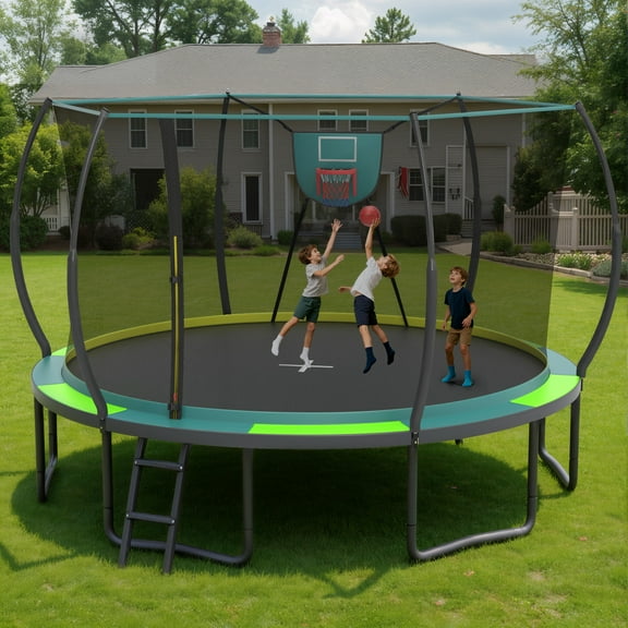 SEGMART Outdoor Trampoline with Enclosure and Ladder, 14FT Trampoline with Basketball Hoop, Recreational Trampoline with Anti-Rust Coating, Backyard Trampoline with No-Gap Design for Kids, Adults