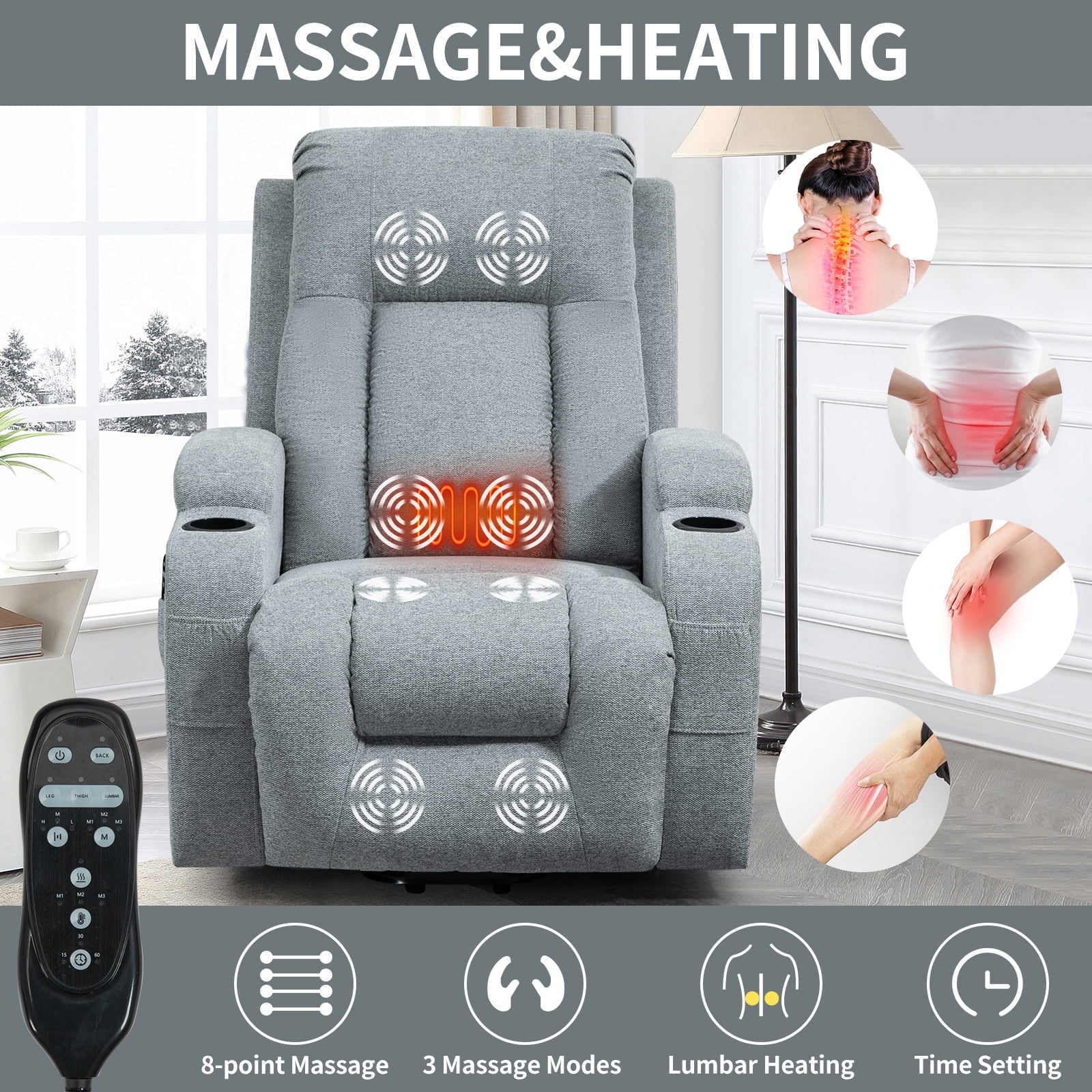 Power Lift Recliner Chair with Heat and Massage, 8-Point Vibration & Lumbar Heat, 350LB Capacity, Infinite Position, USB Charger, Side Pockets, Soft Fabric for Elderly, Gray