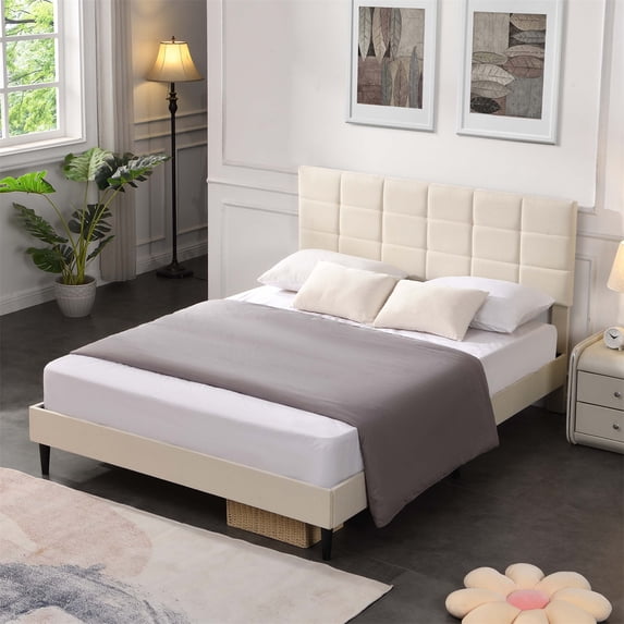 SEGMART Queen Size Bed Frame with Upholstered Headboard, Square Stitched Button Tufted, Mattress Foundation with Wooden Slats Support, No Box Spring Needed/Easy Assembly, Beige