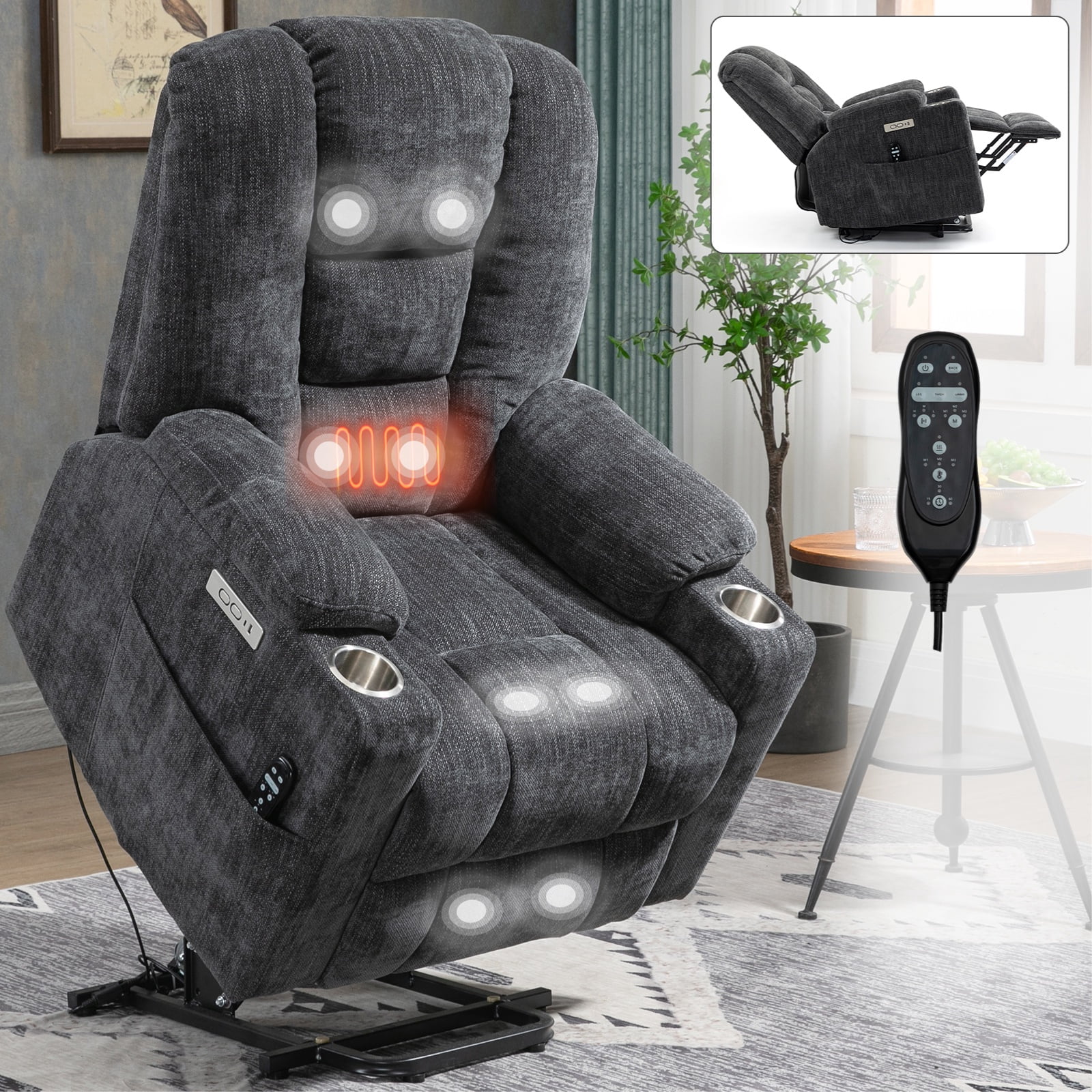 Power Lift Recliner Chair with Massage & Heat for Seniors, Overstuffed Sofa Chair Wide Seat, Heavy Duty Chenille Fabric, USB/Type C Ports, 2 Steel Cup Holders, 155° Recline,350lb Capacity