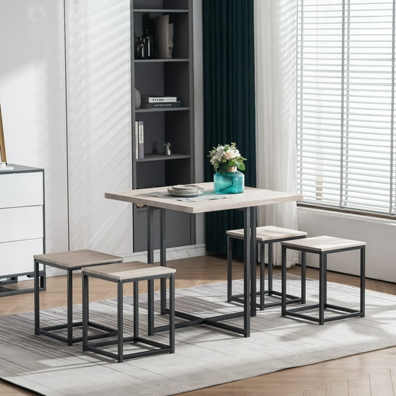 SEGMART Table and Chairs Dining Set, 4-Piece Dining Room Rectangular Table and 4 Stools with Sturdy Steel Frame, Industrial Compact Dining Set for Dining Room, 220lbs, Brown, S9988