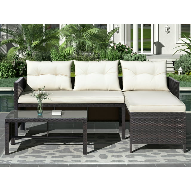 SEGMART Wicker Patio Furniture Sets, Newest 3PCS Outdoor Wicker Patio Sectional Sofa w/5 Padded Cushions, Tempered Glass Coffee Table, Armchair, Conversation Sets for Porch Backyard Garden, S1522