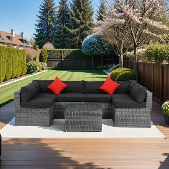 SEGMART Wicker Patio Furniture Sets, Newest 7PCS Outdoor Wicker Patio Sectional Sofa w/14 Padded Cushions, wood Table Table, 4 Armless Sofas, Conversation Sets for Porch Backyard Garden, S1472