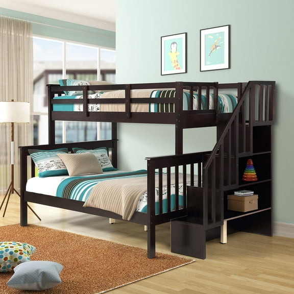 SEGMART Wood Bunk Beds , 76.97'' x 51.57'' Solid Wood Twin-Over-Full Bed, Sturdy Wood Twin-Over-Full Bunk Beds w/ 4 Storage Shelves, 4-Step Ladder, Full-Length Guardrails, 250lbs, S1934