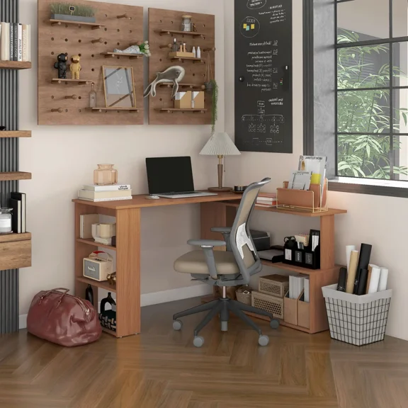 360° Rotating L-Shaped Computer Desk with Storage Shelves, Space Saving Home Office Desk, Laptop Table with S-Shaped Rack & 3-Tier Bookcase