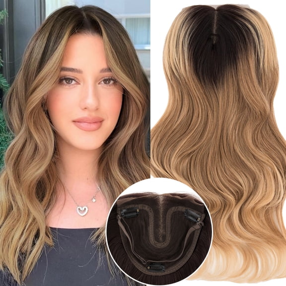 SEGO 6"x6" Hand-Tied Lace Hair Topper for Women 24 Inch Long Wavy Synthetic Clip in Hair Pieces for Thinning Hair Heat Resistant Fibers Natural Black Volume 190g