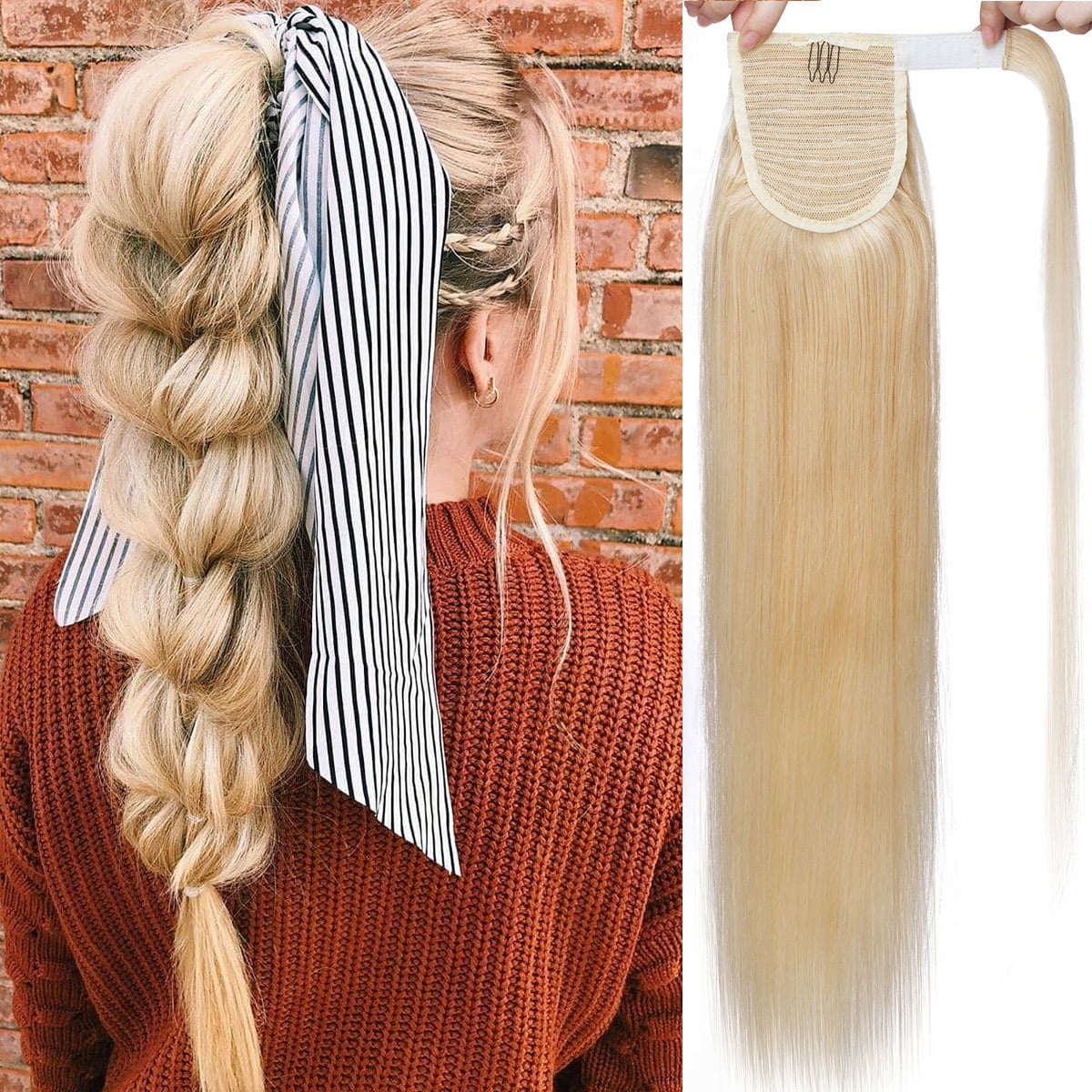 SEGO Clip in Hair Extensions Human Hair 100% Remy Human Hair Wrap Around Ponytail Extension Thick Long Straight Hairpiece with Comb Magic Paste Pony Tail
