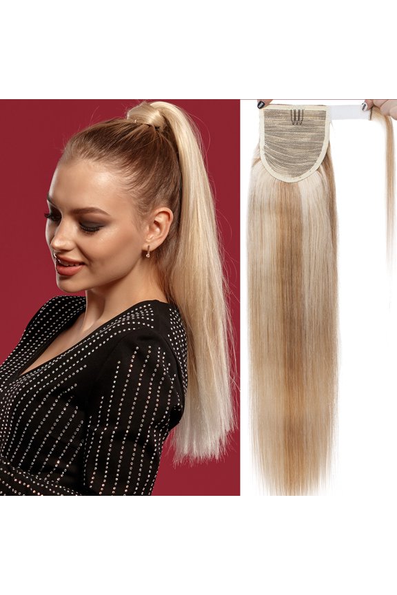 Clip in Hair Extensions Human Hair 100% Remy Human Hair Wrap Around Ponytail Extension Thick Long Straight Hairpiece with Comb Magic Paste Pony Tail