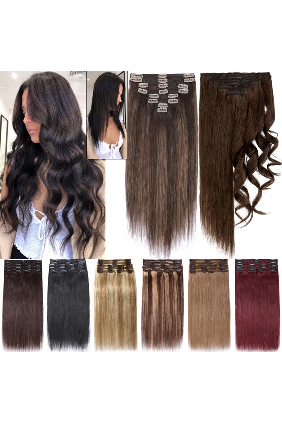 Clip in 100% Human Hair Extensions Real Thick Remy Hair Full Head 8 PCS Hair Pieces for Woman Balayage Black Brown Blonde