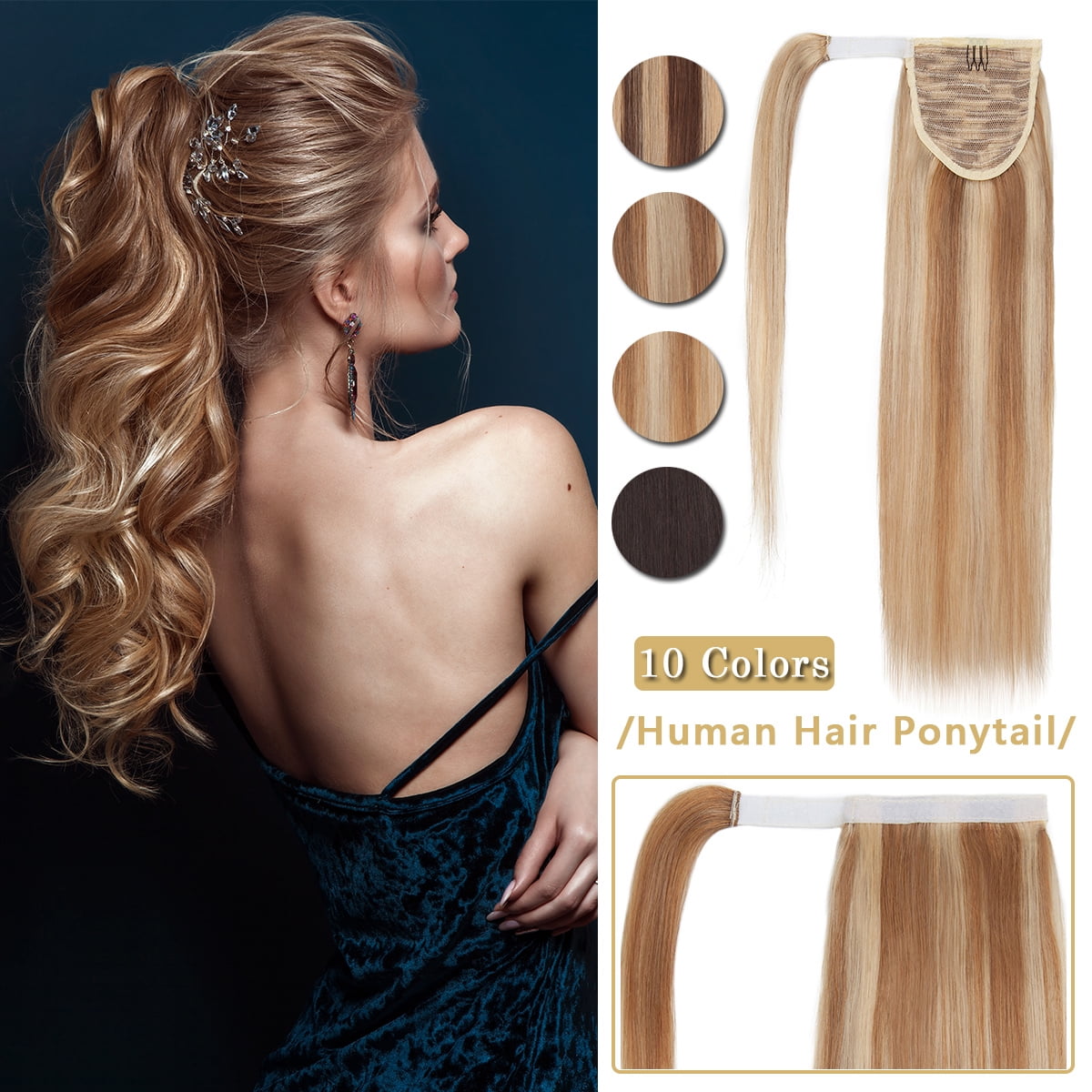 SEGO Clip in Hair Extensions 100% Remy Human Hair Wrap Around Ponytail Extension Thick Long Straight Black Hairpiece with Comb Magic Paste Pony Tail