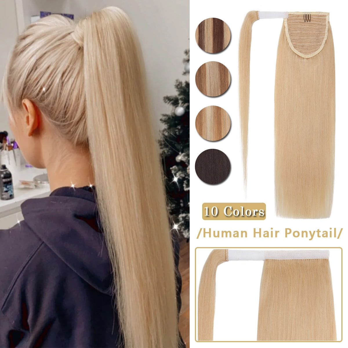 SEGO Clip in Hair Extensions 100% Remy Human Hair Wrap Around Ponytail Extension Thick Long Straight Black Hairpiece with Comb Magic Paste Pony Tail