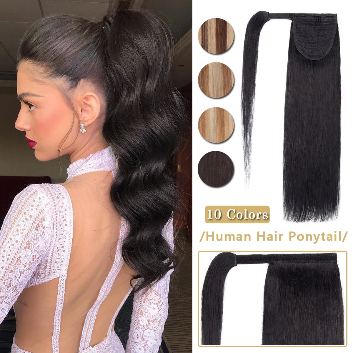 SEGO Clip in Hair Extensions 100% Remy Human Hair Wrap Around Ponytail Extension Thick Long Straight Black Hairpiece with Comb Magic Paste Pony Tail