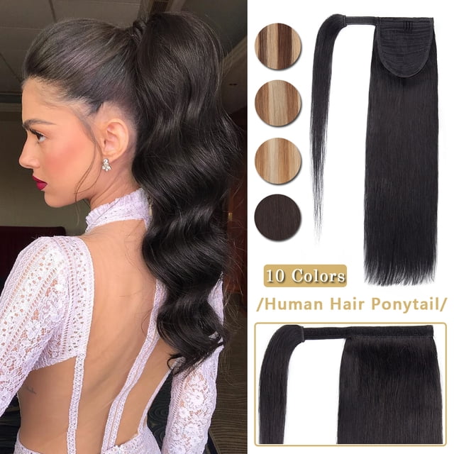 SEGO Clip in Hair Extensions 100% Remy Human Hair Wrap Around Ponytail Extension Thick Long Straight Black Hairpiece with Comb Magic Paste Pony Tail