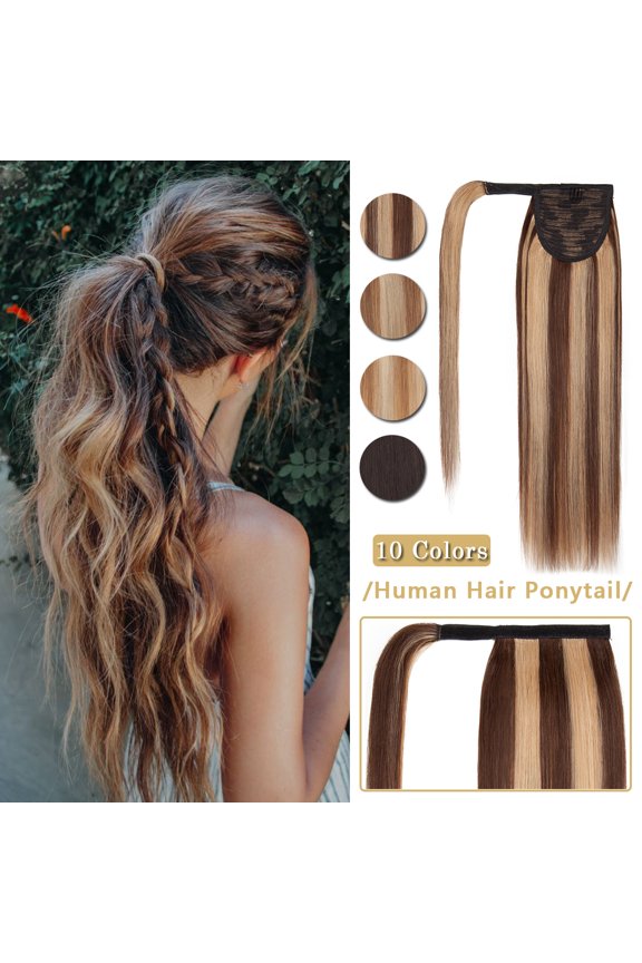 Clip in Hair Extensions 100% Remy Human Hair Wrap Around Ponytail Extension Thick Long Straight Black Hairpiece with Comb Magic Paste Pony Tail