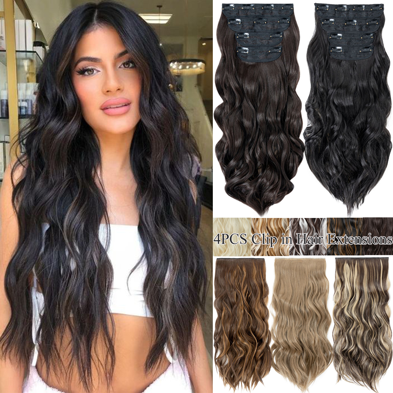 SEGO Clip in Hair Extensions Full Head Thick Long Curly Wave Hair 4 PCS ...