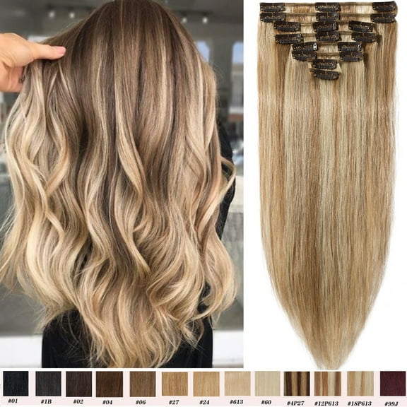 SEGO Clip in Hair Extensions Human Hair Full Head 100% Real Remy Thick Hair Extensions Silky Straight Balayage Blonde Hair Pieces