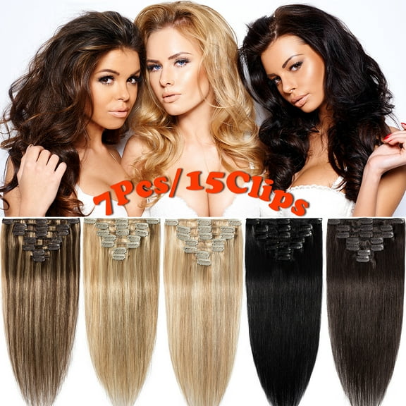 SEGO Clip in Human Hair Extensions Full Head 100% Real Remy Thick Hair Extensions Silky Straight(7 pcs/15 clips)