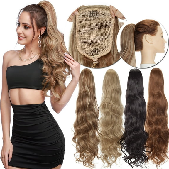 SEGO Clip in Ponytail Hair Extensions Long Wavy Drawstring Ponytail for Women Natural Black Soft Synthetic Heat Resistant Hairpiece