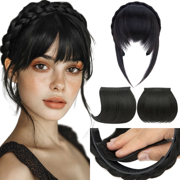 SEGO Detachable Clip on Bangs Hairpiece Braided Headband Set 3 Piece Fringe Soft Breathable Inner Net Natural Shine Easy Style Reusable Hair Accessories for Women