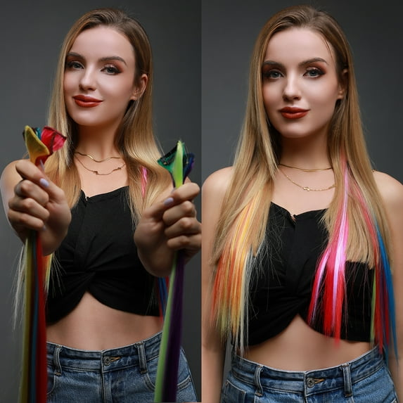 SEGO Highlights Colored Clip in Hair Extensions Colorful Hair Extensions Straight/Curly Synthetic Hairpieces For Party