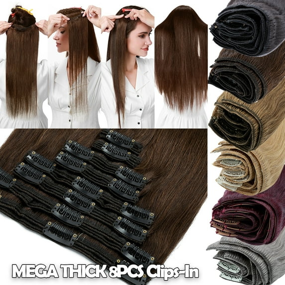 SEGO Human Hair Double Weft Clip In 100% Remy Human Hair Extensions 8PCS 18 Clips Extra Thick Virgin Human Hair Natural Smooth Full Head