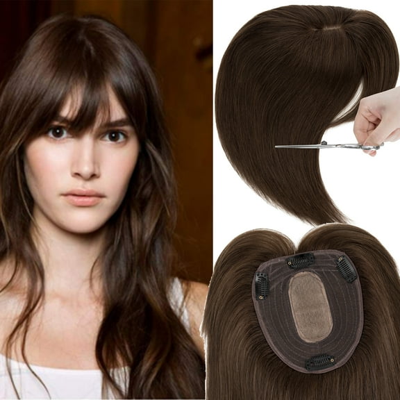 SEGO Human Hair Topper Clip In 100% Remy Human Hair Extensions 13*15 Silk Lace Base Topper With Bangs/Middle Part Cover Hairloss