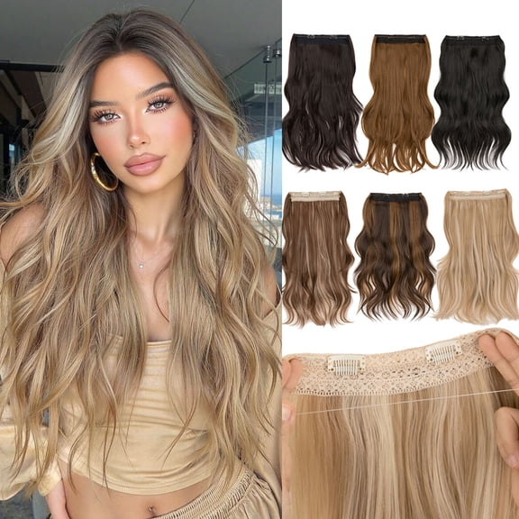 SEGO Invisible Wire Hair Extensions 20" Body Wave Synthetic Halo Hair Piece Adjustable Hidden Elastic Wire One Piece Heat Resistant Hair for Daily Party