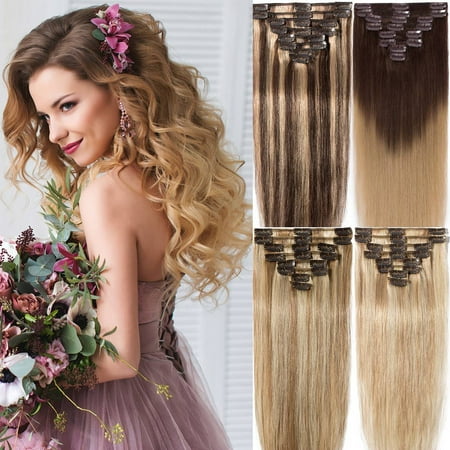 SEGO Ombre Clip in Human Hair Extensions Full Head Highlight Blonde 100% Real Remy Thick Hair Extensions Silky Straight Soft Hair