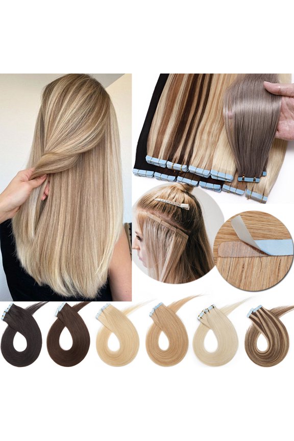 Ombre Tape in Real Human Hair Extensions Double Side Tape Seamless Skin Weft Rooted Long Straight Silky Thick Hair
