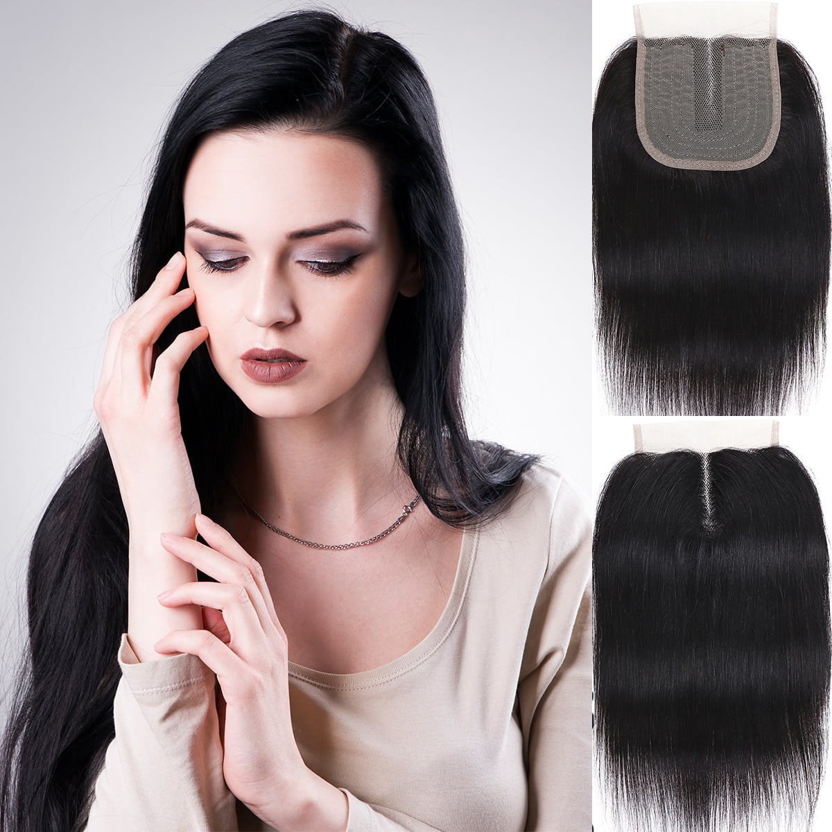 SEGO Straight Human Hair Bundles with Closure 100% Unprocessed Virgin Human Hair with 4x4 Middle T Part Lace Closure Natural Black Cleanrance