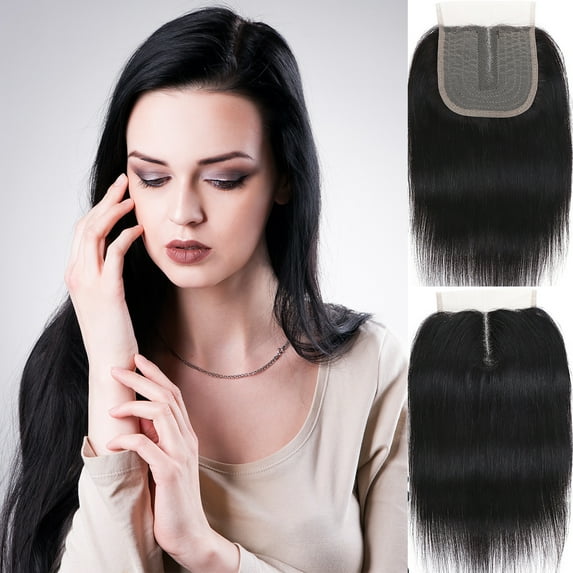 SEGO Straight Human Hair Bundles with Closure 100% Unprocessed Virgin Human Hair with 4x4 Middle T Part Lace Closure Natural Black Cleanrance