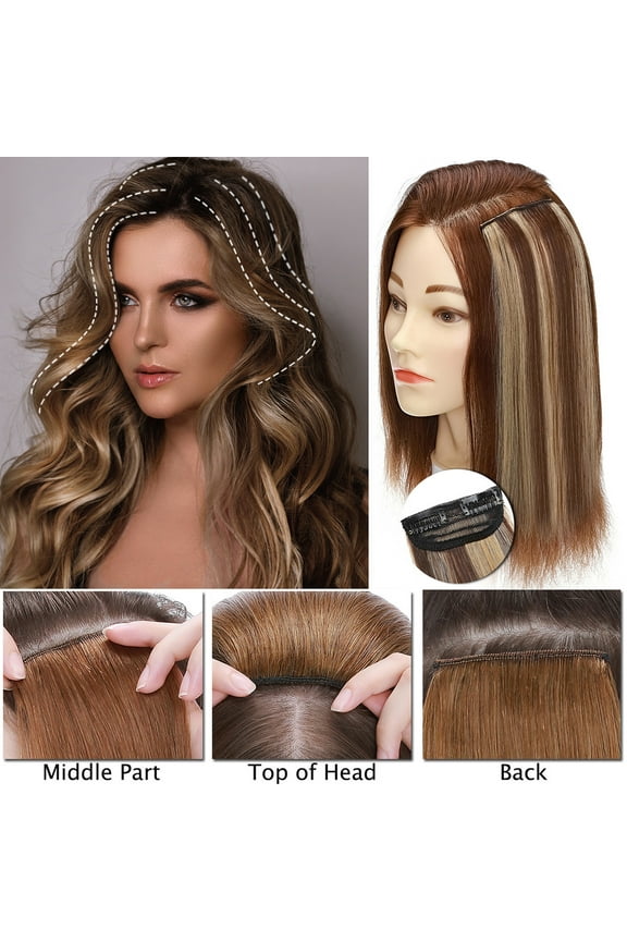 Thick Clip in Mini Human Hair Extensions for Women Adding Hair Volume Seamless Short Straight Clip in Human Hair Pad Hairpieces Topper for Thinning Hair