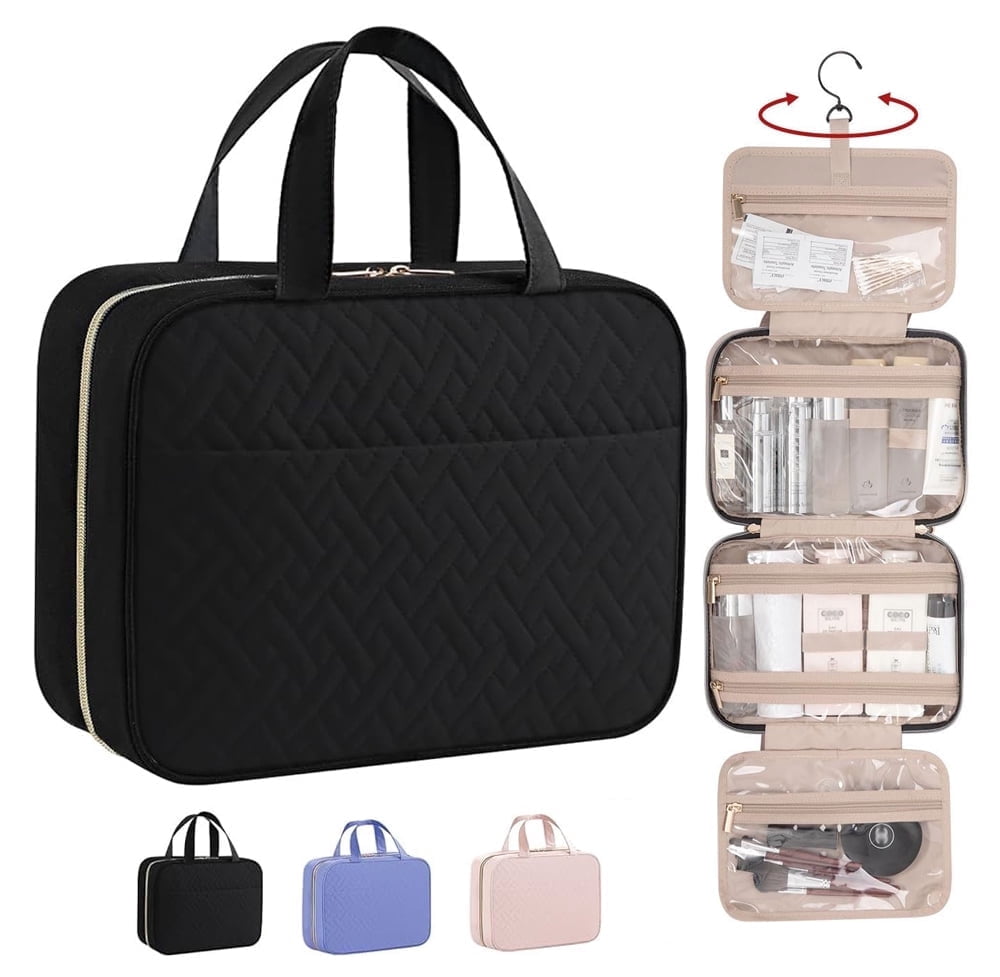 SEHYRTTI Travel Toiletry Bag for Women, Makeup Bag Large Capacity with 4 Layers, Foldable Hanging Organizer,Compact & Leak-Proof Black Design, Gift for Women