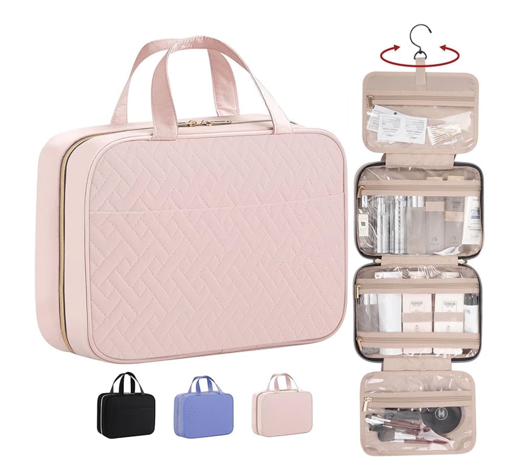 SEHYRTTI Travel Toiletry Bag for Women, Makeup Bag Large Capacity with 4 Layers, Foldable Hanging Organizer,Compact & Leak-Proof Pink Design, Gift for Women