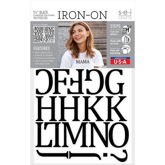 SEI 1.5 inch Camdon Iron-on Heat Transfer Poly Letters, Black