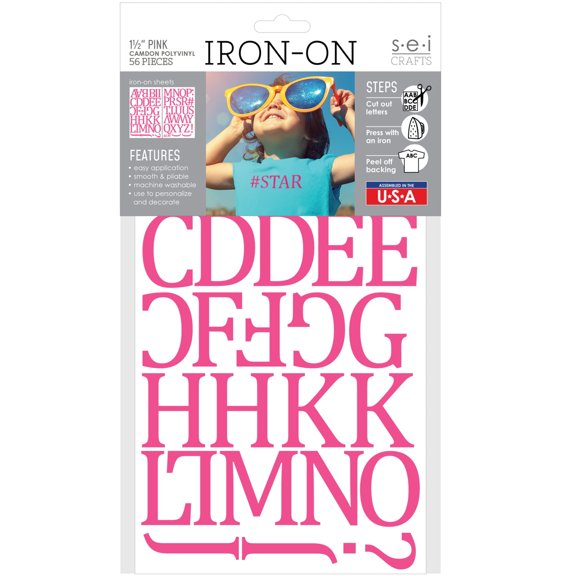 1.5-Inch Pink Iron-On Polyvinyl Letters, 56 Pieces