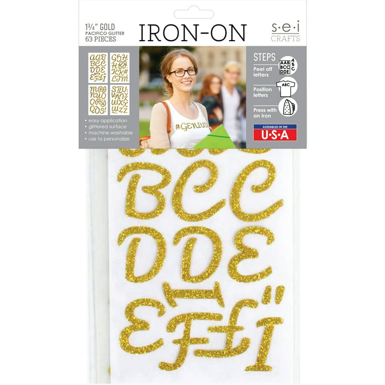S.E.I. 1-inch Gold Glitter Easy Iron-on Letters Transfer, Type