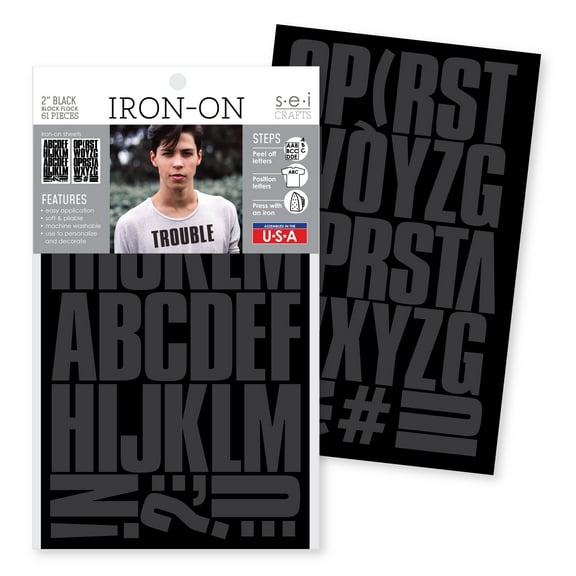 SEI 2 Inch Iron-on T-Shirt Letters, Block Letters Flock Heat Transfers, Black